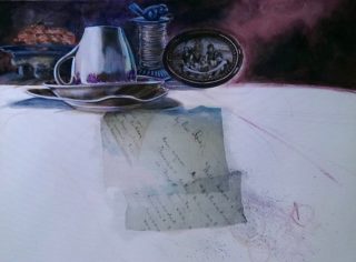 A Mixed Media painting by Victoria Fitzpatrick depicting Still Life Kitchenware and titled A Letter for Rose