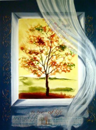 A Mixed Media painting by Victoria Fitzpatrick Trees with main colour being Black and Yellow and titled Wisdom Tree