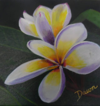 An Acrylic painting by Dawn Luttrell in the Realist style  depicting Flowers with main colour being Pink Purple and White and titled Liliac Frangipani