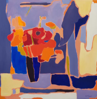 An Oil painting by Melissa Fraser in the Abstract Expressionist style  depicting Flowers Interior and Vases with main colour being Blue Orange and Purple and titled Orange and red flowers