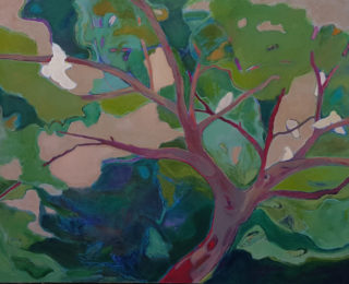 An Oil painting by Melissa Fraser in the Impressionist style  depicting Trees Birds with main colour being Blue Green and Grey and titled Perched