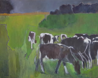 An Oil painting by Melissa Fraser in the Impressionist style  depicting Animals with main colour being Black Green and Grey and titled The sound of gentle tearing grass
