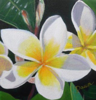 An Acrylic painting by Dawn Luttrell in the Realist style  depicting Flowers and titled Yellow Frangipani