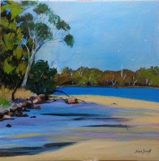 An Acrylic painting by Diane Yousouf in the Realist Impressionist style  depicting Seascape Beach Bush and Rocks with main colour being Blue Brown and Cream and titled Taylor's Beach