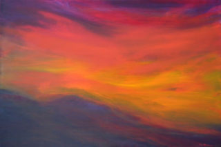 An Acrylic painting by Alex in the Abstract Expressionist style  depicting  Hills Mountains and Sunrise with main colour being Blue Red and Yellow and titled RED SKIES OVER DARK HILLS