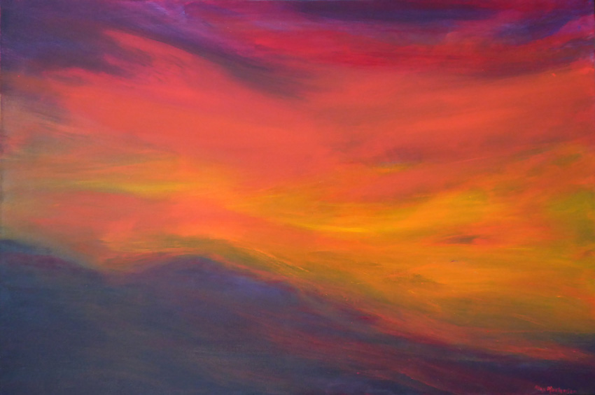 Acrylic Painting by Alex titled RED SKIES OVER DARK HILLS