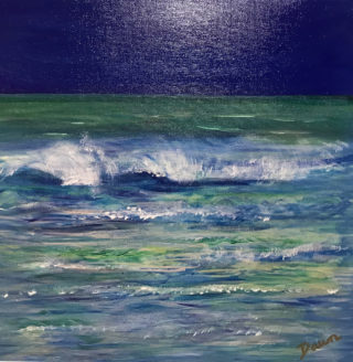 An Acrylic painting by Dawn Luttrell in the Impressionist style  Beach and Sea with main colour being Blue Green and White and titled All at Sea