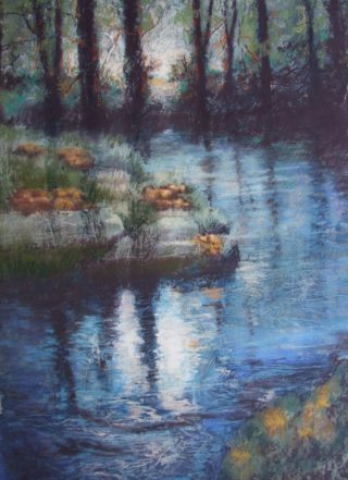 A Pastel artwork by Tricia Reust in the Contemporary Realist style  depicting Landscape Sunset and Water with main colour being Blue and Purple and titled Backlight