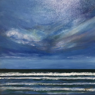 An Acrylic painting by Dawn Luttrell in the Impressionist style  depicting Beach and Sea with main colour being Blue and White and titled Down to the Sea