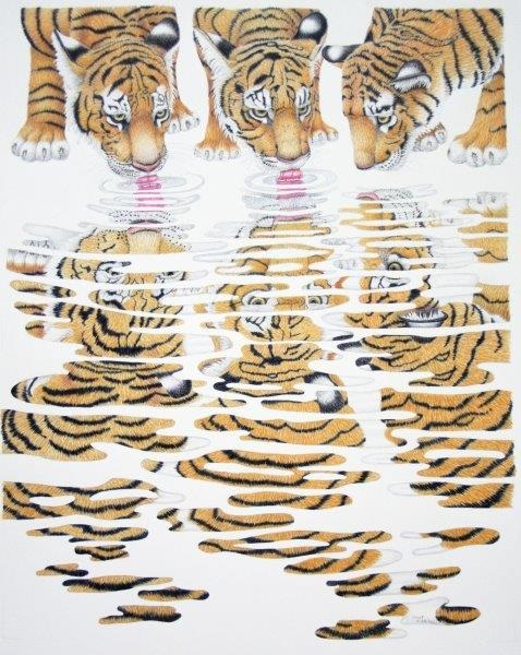 Coloured Pencils Painting by Janet Matthews titled Tiger Cubs Sharing a Drink