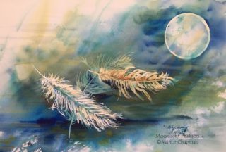 A Watercolour painting by Marion Chapman in the Contemporary style  depicting Still Life Fantasy Interior and Night with main colour being Blue and Green and titled Moonlight Feathers