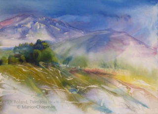 A Watercolour painting by Marion Chapman in the Contemporary Realist style  depicting Landscape Bush Mountains and River with main colour being Blue Green and Grey and titled Mt Roland