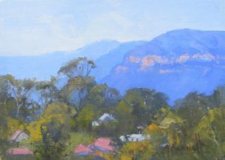 An Oil painting by Trish Bennett in the Impressionist style  Trees with main colour being Blue and Ochre and titled In the Heart of Katoomba