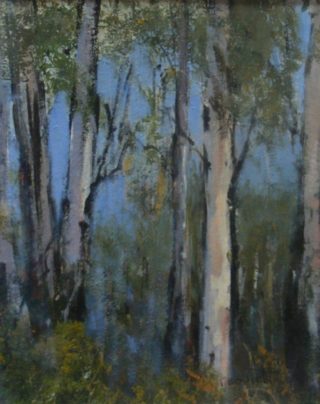 An Oil painting by Trish Bennett depicting Landscape Trees with main colour being Blue and Brown and titled Mystic Charm