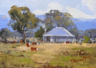 An Oil painting by Trish Bennett in the Realist Impressionist style  depicting Landscape Rural with main colour being Blue Brown and Ochre and titled What A Treasure