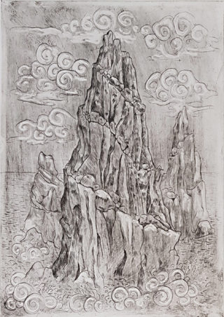 A  painting by Renee Garling in the Contemporary style  depicting Landscape Beach Fantasy and Mountains with main colour being Black Grey and White and titled Dreamscape