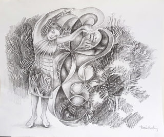 A Pencil painting by Renee Garling in the Contemporary style  depicting Woman Fantasy and Music with main colour being Black Grey and White and titled Jean Genie