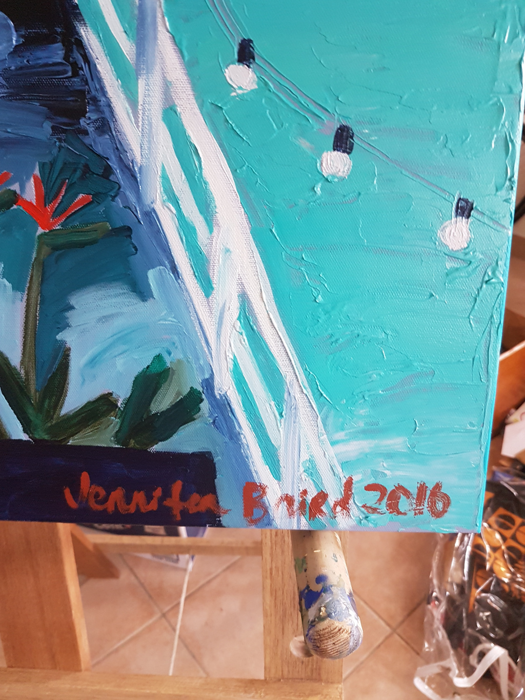 Acrylic Painting by Jennifer Baird titled Blue and White Umbrellas