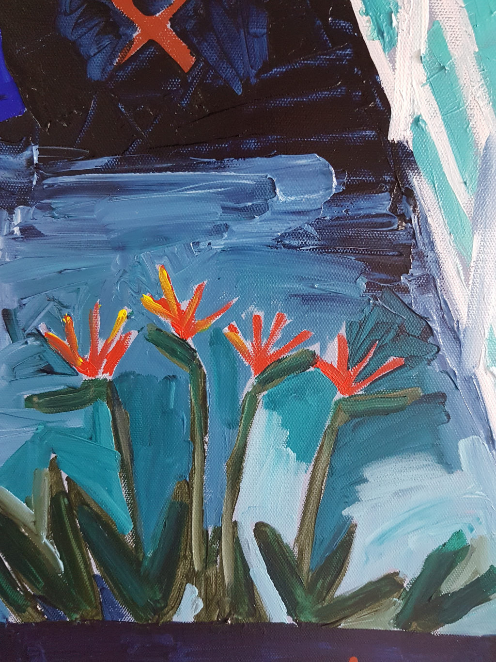 Acrylic Painting by Jennifer Baird titled Blue and White Umbrellas