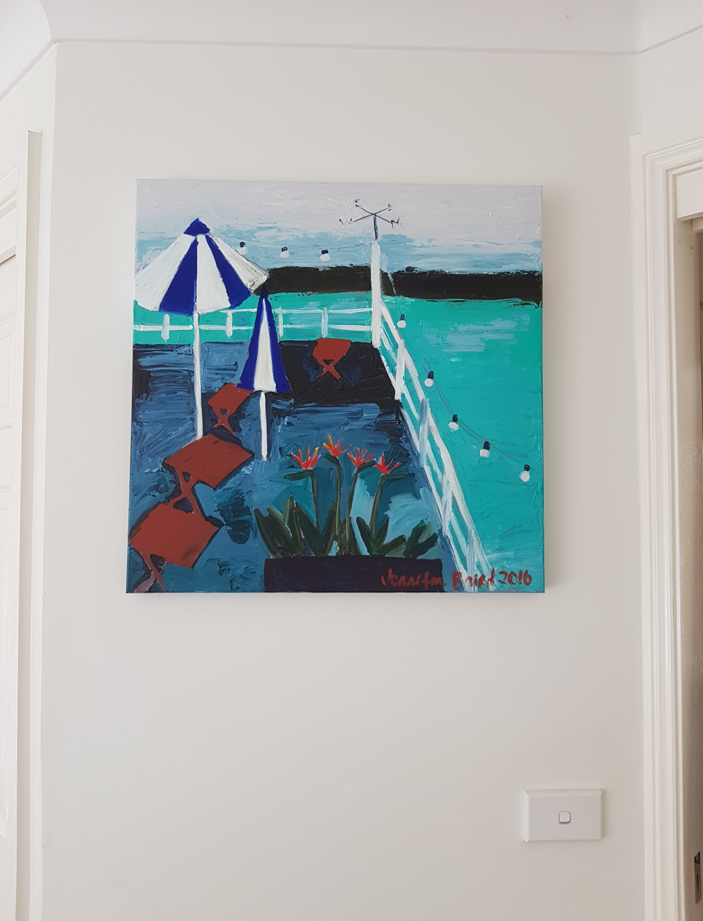 Acrylic Painting by Jennifer Baird titled Blue and White Umbrellas