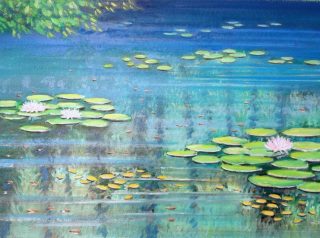 An Oil painting by Gregory Pastoll in the Realist Impressionist style  depicting Lake and Water with main colour being Blue Green and Yellow and titled Pond Surface