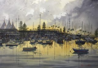 A Watercolour painting by Bruce Griffiths in the Realist Impressionist style  depicting Boats and Water with main colour being Grey and Yellow and titled Southport Yacht Club Dawn