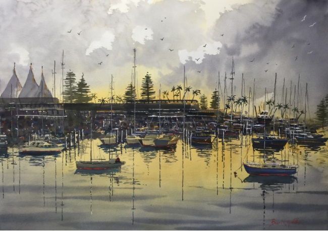 Watercolour Painting by Bruce Griffiths titled Southport Yacht Club Dawn