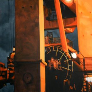 An Oil painting by Karen Bloomfield in the Contemporary Realist style  Industrial and Machinery with main colour being Black Orange and Yellow and titled Machinations