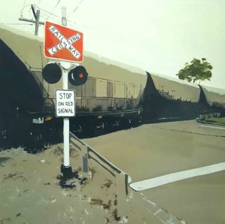 An Oil painting by Karen Bloomfield in the Contemporary Realist style  depicting Landscape Trains with main colour being Grey and Red and titled Stop on Red Signal