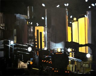 An Oil painting by Karen Bloomfield in the Contemporary Realist style  depicting Industrial with main colour being Black and Yellow and titled Siloettes