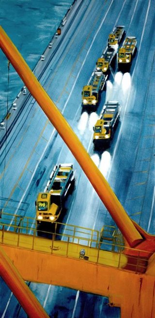 An Oil painting by Karen Bloomfield in the Contemporary Realist style  depicting Industrial Bridge with main colour being Blue Orange and Yellow and titled Obtuse