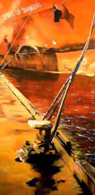 An Oil painting by Karen Bloomfield in the Contemporary Realist style  Industrial and Ships with main colour being Orange and Red and titled Weighting