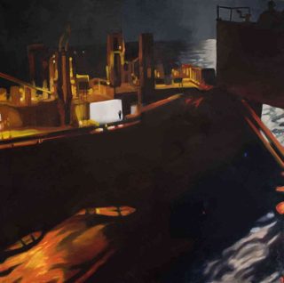 An Oil painting by Karen Bloomfield in the Contemporary Realist style  depicting Industrial and Ships with main colour being Black and Orange and titled The Cargo Men