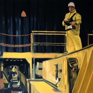 An Oil painting by Karen Bloomfield in the Contemporary Realist style  depicting People Machinery with main colour being Black and Yellow and titled Scale 2