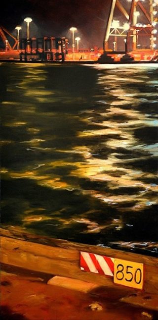 An Oil painting by Karen Bloomfield in the Contemporary Realist style  Boats and Water with main colour being Olive Orange and Yellow and titled Transverse