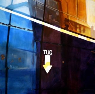 An Oil painting by Karen Bloomfield in the Contemporary Realist style  Industrial and Ships with main colour being Black Blue and Orange and titled TUG