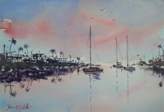 A Watercolour painting by Bruce Griffiths in the Realist Impressionist style  depicting Boats Buildings and Jetty with main colour being Blue Brown and Pink and titled Serenity