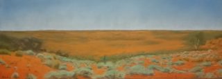 A Pastel painting by Winston Head in the Realist style  depicting Desert with main colour being Blue and Orange and titled Sand Dunes Hay River Track