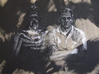 A Charcoal painting by Tricia Reust in the Contemporary style  depicting Man with main colour being Black and White and titled White Camouflage