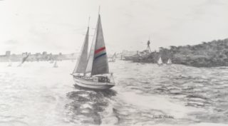 A Pencil painting by Ellen Lee Osterfield in the Realist style  depicting Boats with main colour being Grey and titled Sydney Harbour 1963