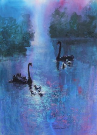 A Pastel painting by Tricia Reust in the Contemporary style  depicting Landscape Birds and Water with main colour being Blue and Pink and titled Haven