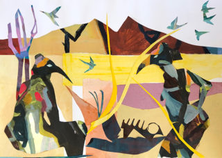 A Mixed Media painting by Erica Wagner in the Contemporary style  depicting Landscape Birds Desert and Outback with main colour being Brown Ochre and Olive and titled Conversations Around the Fire