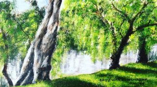 An Acrylic painting by Ainsley McPherson depicting Landscape Trees with main colour being Green and titled Bridgewater on Loddon