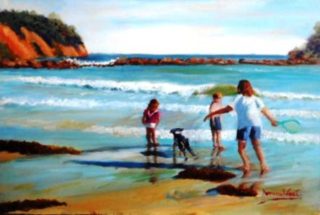 An Oil painting by Yvonne West in the Realist Impressionist style  depicting Beach and Children with main colour being Blue Brown and Ochre and titled Barlings Beach Fun
