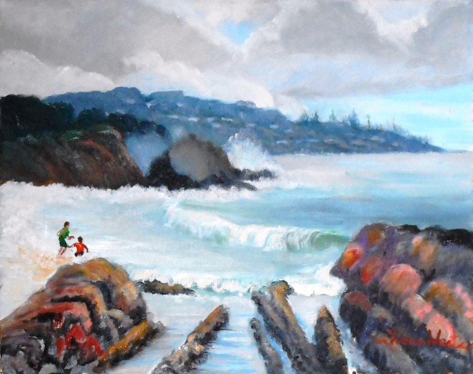 Acrylic Painting by Yvonne West titled Heavy Surf Potato Point