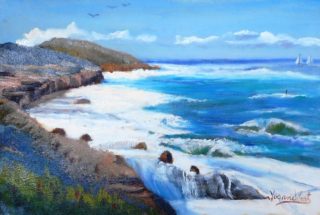 An Oil painting by Yvonne West in the Realist Impressionist style  depicting Seascape Beach Water and Waves with main colour being Blue Brown and White and titled Kilcaire Beach