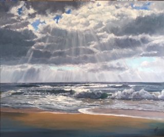 An Acrylic painting by Nicki Hall in the Realist Impressionist style  depicting  Beach Sea and Water with main colour being Green and Grey and titled Aragunnu Sea II