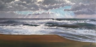 An Acrylic painting by Nicki Hall in the Realist Impressionist style  depicting Seascape Beach Sea and Water with main colour being Green and Grey and titled Aragunnu Sea III