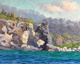 An Oil painting by Nicki Hall in the Realist Impressionist style  depicting Seascape Rocks Sea and Water with main colour being Blue and Ochre and titled Australia Rock