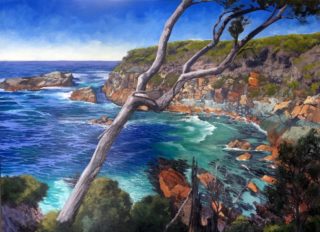 An Acrylic painting by Nicki Hall in the Realist Impressionist style  depicting Seascape Rocks Sea and Water with main colour being Blue and Ochre and titled Boulder Bay